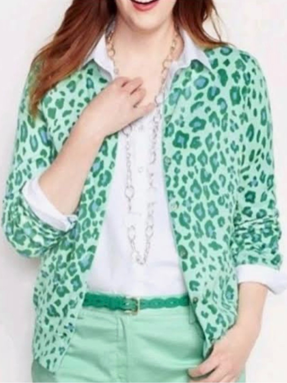 Lands’ End Supima Cotton Cardigan XS Green Leopard Print Button Front Sweater